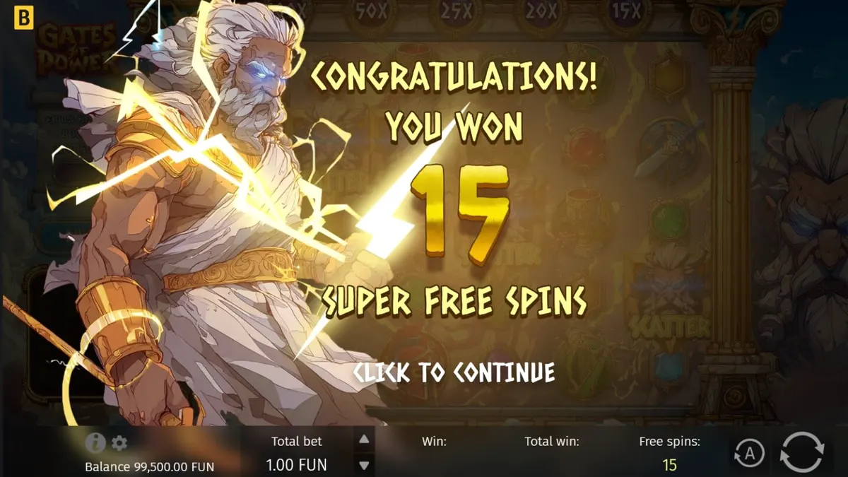 หน้าจอเกมสล็อต Gates of Power ที่มีธีมเทพเจ้าซุสและสายฟ้า