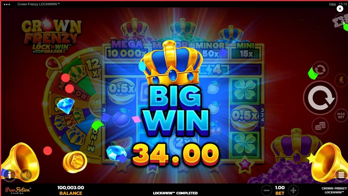 หน้าจอเกมสล็อต Crown Frenzy LockNWin ที่แสดงธีมราชวงศ์และอัญมณี